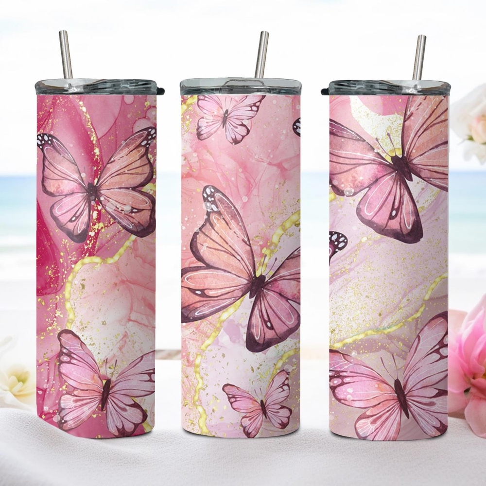 Pink Butterfly Stainless Steel Tumbler
